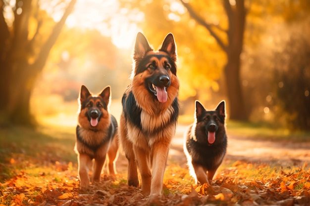 Una familia de pastores alemanes en un paseo por el parque Generado por IA