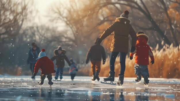Família patinando em um lago congelado cercada por árvores cobertas de neve Um menino e uma menina seguram as mãos de sua mãe enquanto patinam juntos