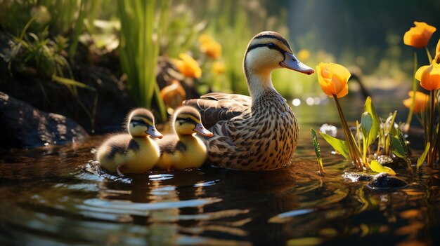 La familia de patos mallardos se refleja en el gen del estanque tranquilo