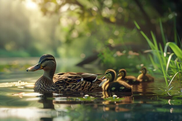 Una familia de patos nadando pacíficamente en un estanque