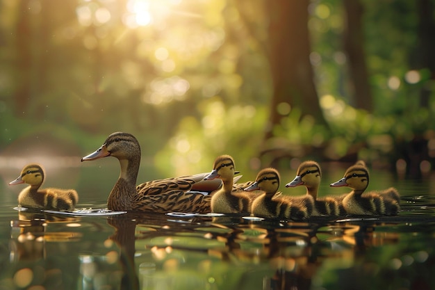 Una familia de patos remando en fila