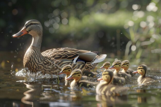 Una familia de patos siguiendo a su madre