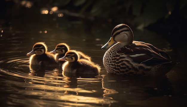 Familia de pequeños patitos nadando en agua de estanque generada por IA