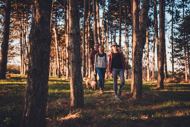 Familia con perro caminando en un bosque de pinos