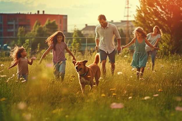 Una familia con un perro corriendo por un campo.