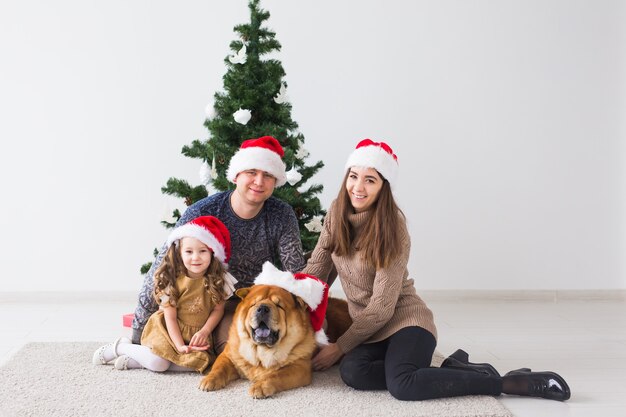 Familia con perro está acostado en el piso cerca del árbol de Navidad