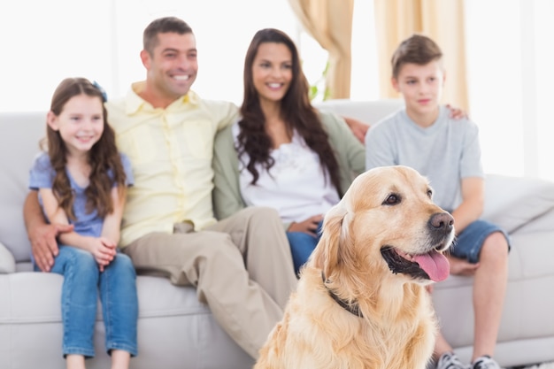 Familia y perro viendo la televisión juntos