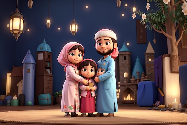 Familia de personajes en 3D abrazándose en Eid Mubarak