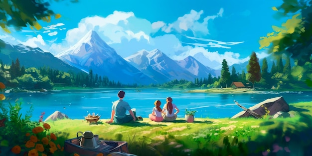 Familia en un picnic junto al lago con el telón de fondo de las montañas Generativo ai