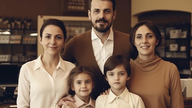 Una familia de pie en una biblioteca.