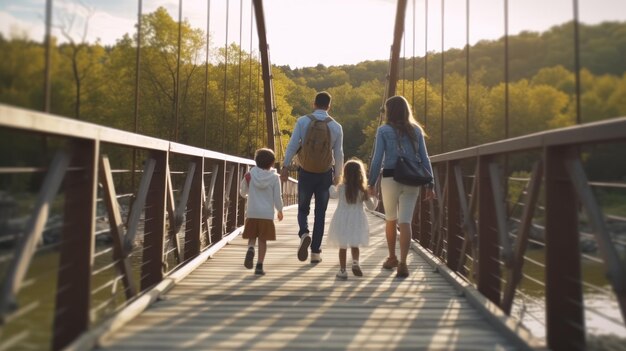 Foto familia de pie en las escaleras de madera en el parque