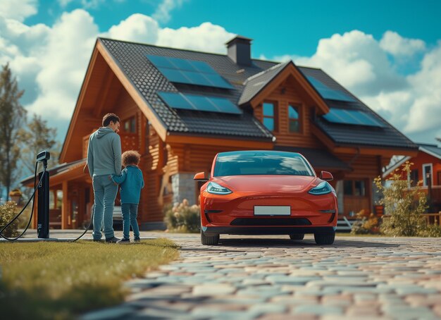 Foto familia de pie frente a su casa con paneles solares en el techo con coche eléctrico