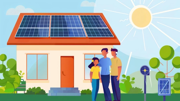 Foto una familia de pie frente a su casa con un sistema de paneles solares recién instalado sonriendo y feliz