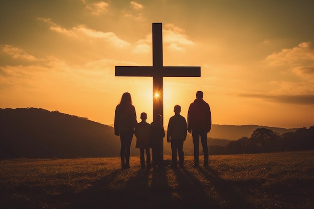 Familia de pie junto a una cruz al atardecer Concepto de adoración