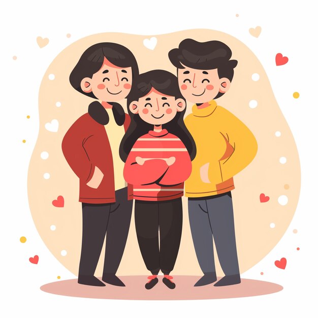 Foto familia de pie linda con cara sonriente y marco de amor diseño plano mejor para el día de la madre y el padre