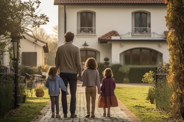 Foto una familia de pie de la mano con los ojos llenos de anticipación mientras admiran su nuevo hogar.