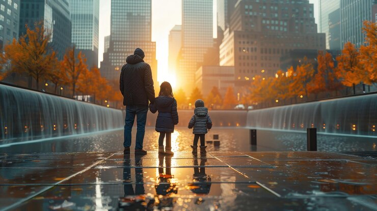 Una familia de pie en un paisaje urbano conmemorativo en el fondo en el Día del Patriota de los Estados Unidos