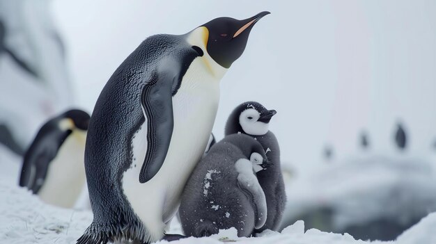 Una familia de pingüinos se agrupan en el hielo los pingüinos adultos están cuidando de sus crías que están anidadas entre ellos