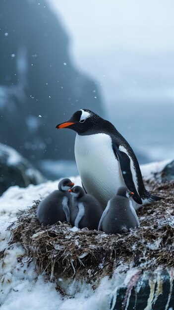 La familia de los pingüinos en la Antártida