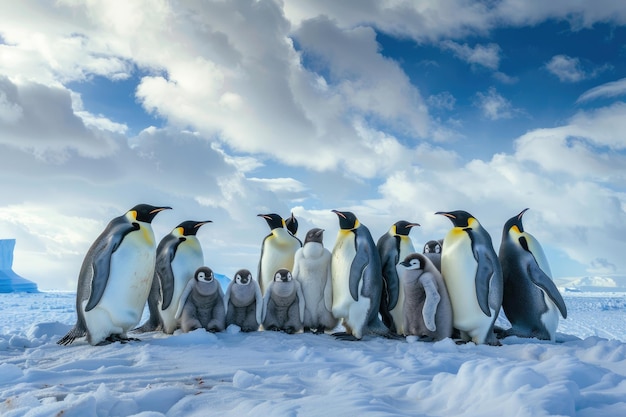 Una familia de pingüinos emperador acurrucados juntos en el frío antártico