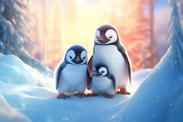 Familia de pingüinos en invierno con luz solar AI generativa