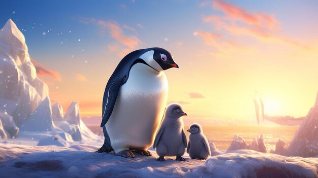 Familia de pingüinos polares con sol IA generativa