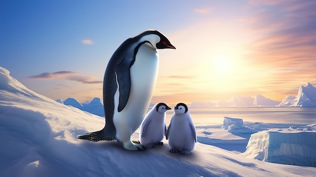 Familia de pingüinos polares con sol IA generativa