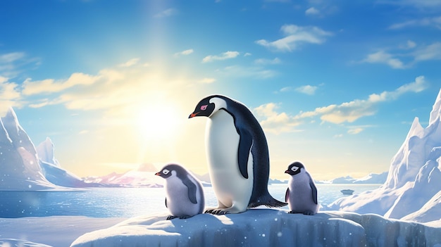 Familia de pingüinos polares con sol IA generativa