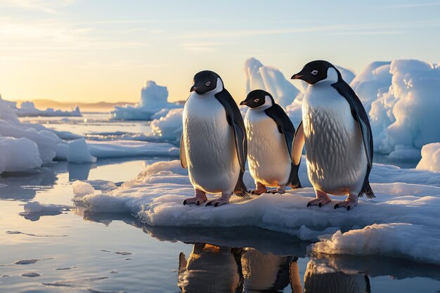 familia de pingüinos en un témpano de hielo en el agua del océano en invierno