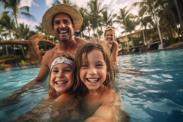 Familia en una piscina con palmeras al fondo