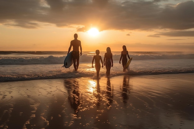 Familia en la playa al atardecer lección de surf Ai generativo