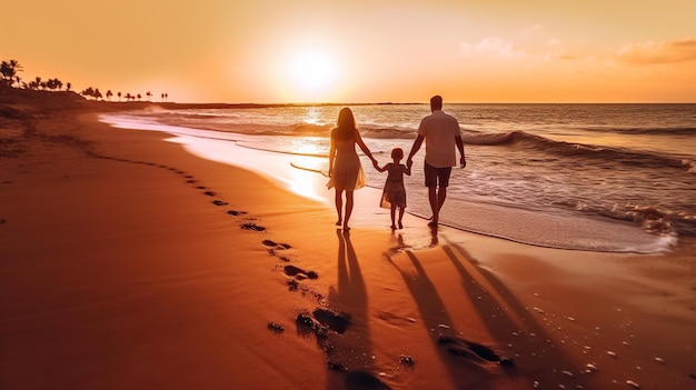 Familia en la playa al atardecer