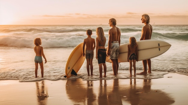 Una familia se para en la playa con sus tablas de surf.