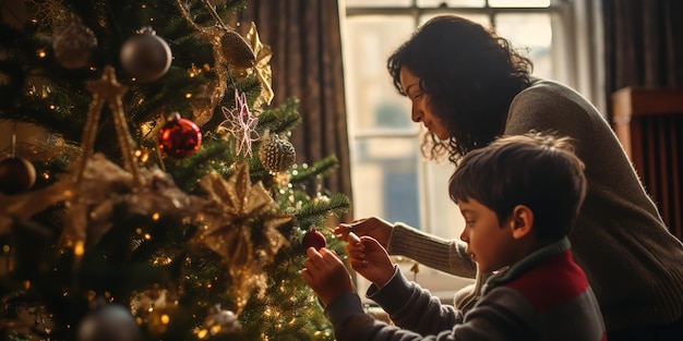 Una familia poniendo luces en un árbol de Navidad IA generativa