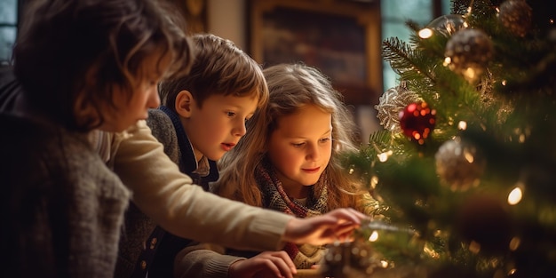 Una familia poniendo luces en un árbol de Navidad IA generativa