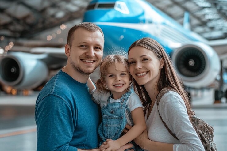 Familia posa alegremente en un aeropuerto cerca de un gran avión IA generativa