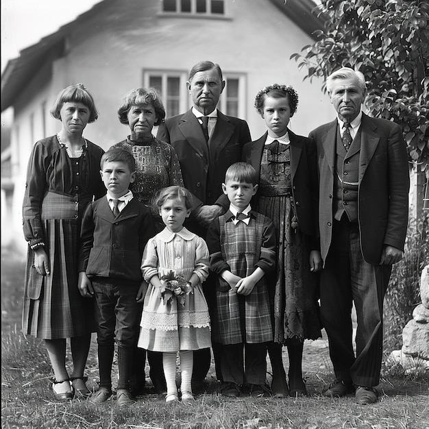 Foto una familia posa para una foto frente a una casa