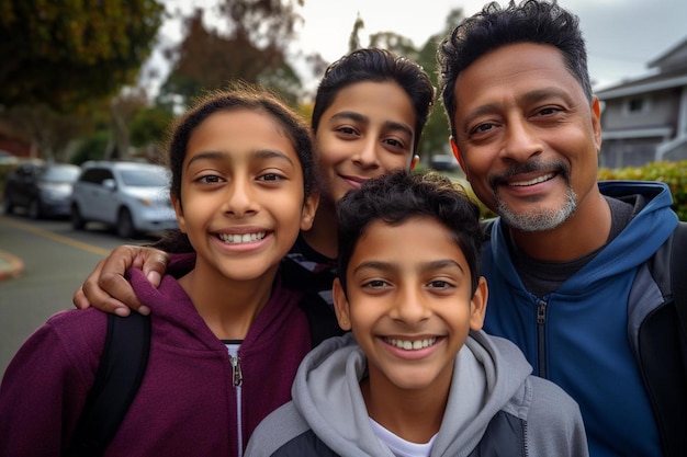 Una familia posa para una foto frente a un coche.