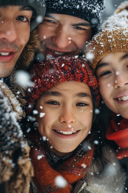 Foto una familia posa para una foto en la nieve