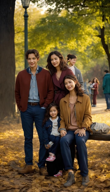 una familia posa para una foto en el otoño