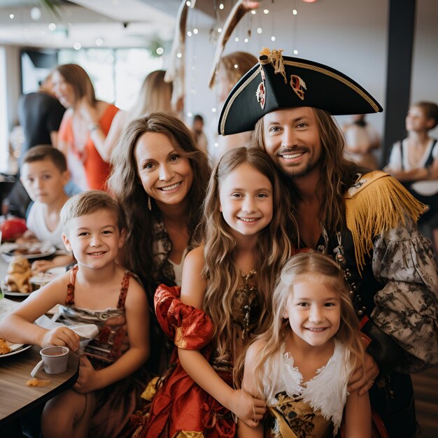 una familia posa para una foto con un sombrero de pirata