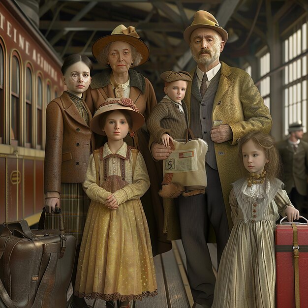 Foto una familia posa para una foto con su equipaje