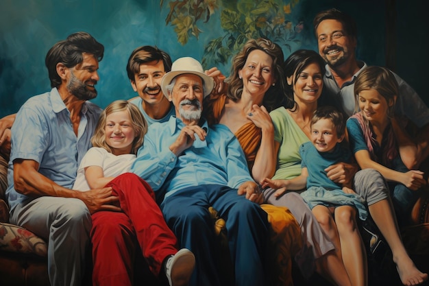 Familia posando para una foto Una pintura de unidad y amor Generaciones felices y retrato de una gran familia en un sofá para relajarse, sonreír y tocar Generado por IA