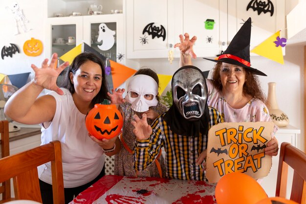 Família posando para uma foto com um gesto ameaçador enquanto celebra a festa de halloween em casa.