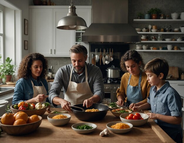 una familia preparando comida en una cocina con una estufa y armarios