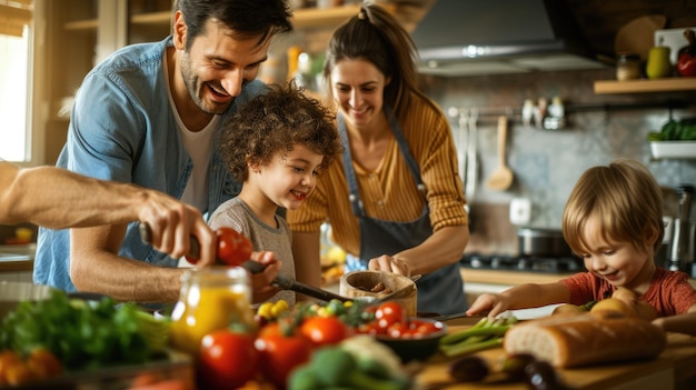 Foto una familia está preparando comida juntos en una cocina aig41
