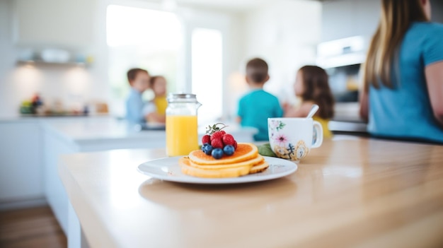 Una familia preparando el desayuno en absoluto una foto centrada en la mesa