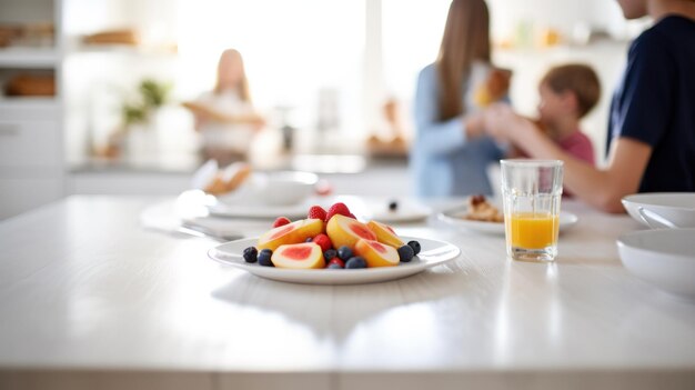 Una familia preparando el desayuno en absoluto una foto centrada en la mesa