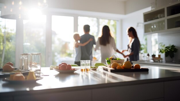 Una familia preparando el desayuno en absoluto una foto centrada en la mesa