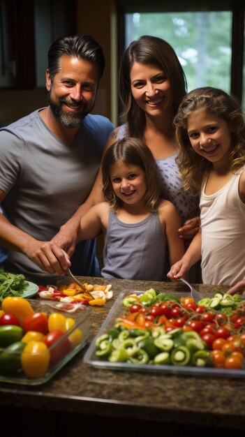 Foto família preparando ingredientes frescos para o jantar